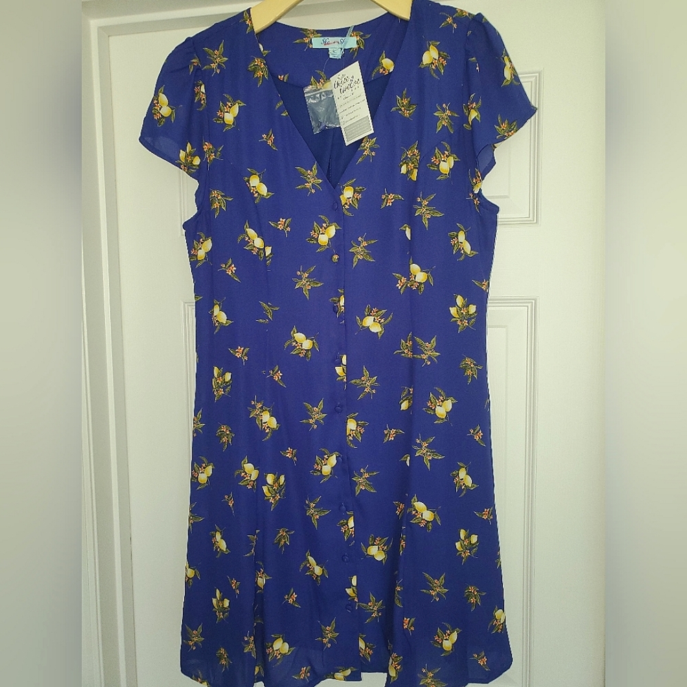 NWT She + Sky Royal Blue Lemon Button Down Flare Dress